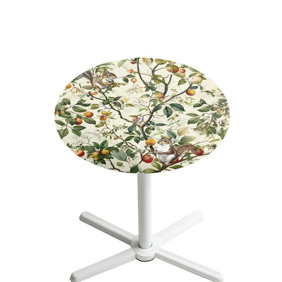 SEANATIVE Spandex Round Tablecloths with Elastic Edges Cocktail Table Top Cover Decorative High Top Table Cloth Small Round Table Topper Cap for Parties Events 24 Inch, Squirrel Leaf Fruit Print