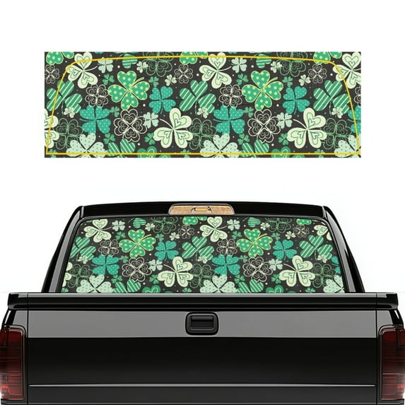 SEANATIVE St. Patrick's Day Decor Truck Window Graphic Decal Waterproof Perforated Vinyl Stickers See-Through Design Car Rear Film Decal for Pickups Trucks, Shamrock Leaf Black Green
