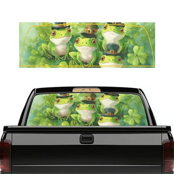 SEANATIVE St. Patrick's Day Truck Rear Window Decal Removable See Through Full Cover Graphic Sticker for Pickup Back Window, 66.9 x 22.4 Inch, Frog Shamrock Leaf Green