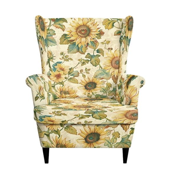 SEANATIVE Stain Resistant Wingback Chair Slipcover 2 Piece Wing Chair Cover Machine Washable Soft Stretch Wing Back Sofa Covers Furniture Protector for Bedroom Living Room Decor, Retro Sunflower