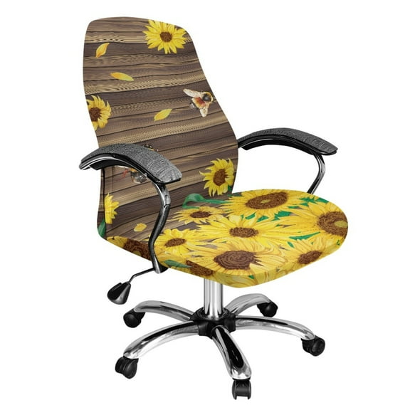 SEANATIVE Stretch Office Chair Cover Washable Computer Chair Slipcover Dustproof Protective Desk Chair Slipcovers Executive Boss Chair Protection Covers, S, Sunflower Bee Wood Grain