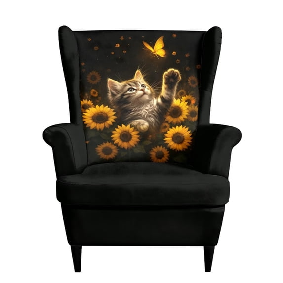 SEANATIVE Stretch Wing Chair Slipcover 2 Piece Wear-resistant Wingback Chair Cover Spandex Armchair Slipcovers Removable Furniture Protector for Living Room Bedroom, Sunflower Cat Butterfly Print