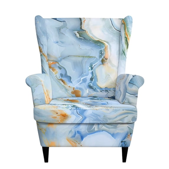 SEANATIVE Stretch Wingback Chair Cover 2 Piece Wing Chair Slipcovers with Elastic Bottom Armchair Covers Removable Non-Slip Furniture Protector for Wingback Sofa, Light Blue Gold Marble Print
