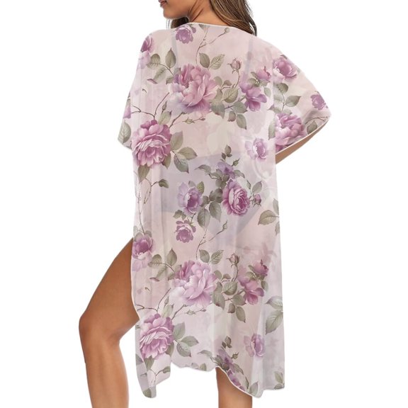 SEANATIVE Summer Beach Coverup for Women Swimsuit Kimono Flowy Lightweight Open Front Beach Cover Up Soft Swimsuit Coverups for Poolside Party, Pink-Violet Flower