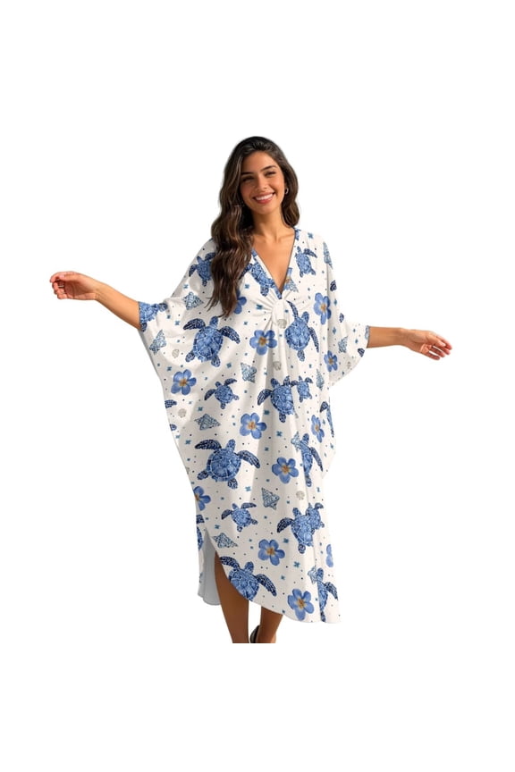 Summer Swimsuit Cover Up for Women Plus Size Kaftan Maxi Dress Lounge Beach Coverup Batwing Sleeves Casual Outfits Vacation Hawaiian Dresses, Sea Turtle Flower Conch Blue Cream White