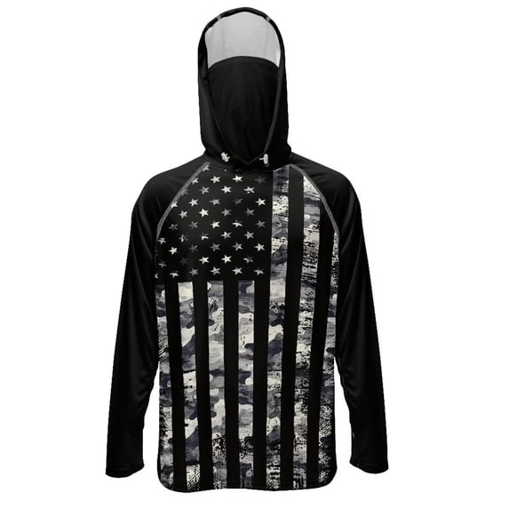 SEANATIVE Sun Protection Fishing Hoodie for Men, Long Sleeve Hooded Full Coverage 4th of July Fishing Shirt Workout Camping Running Hooded Top, S, Black Camo American Flag