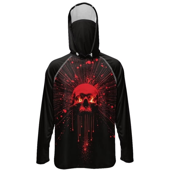 SEANATIVE Sun Protection Fishing Hoodie for Men, Long Sleeve Hooded Full Coverage Fishing Shirt Workout Camping Running Hooded Top with Mesh Face Mask, 2XL, Skull Black Red