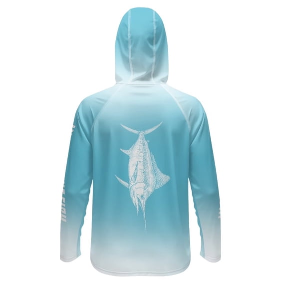 SEANATIVE Sun Protection Fishing Hoodie for Men, Long Sleeve Hooded Full Coverage Fishing Shirt Workout Camping Running Hooded Top with Mesh Face Mask, M, Marlin Fish Blue Gradient