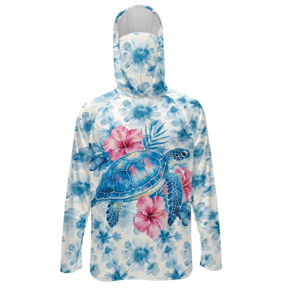 SEANATIVE Sun Protection Fishing Shirts for Men Long Sleeve Hooded Rash Guard Men's Outdoor Fishing Apparel for Swimming Surfing Hiking, 3XL, Sea Turtle Hibiscus Flower Blue White Tie-dye