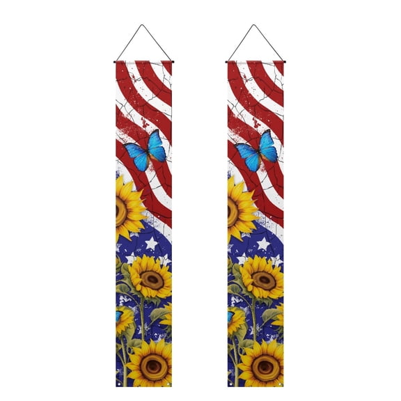 SEANATIVE Sunflower Butterfly Porch Flag Banner Indoor Outdoor 2 Piece Amiercan Flag Banner Vertical Hanging Sign for Door Porch Home Yard Decor,4 of July