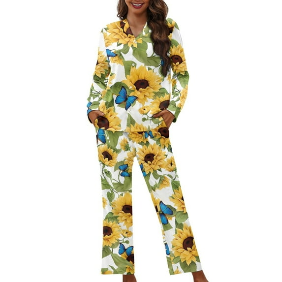 SEANATIVE Sunflower Butterfly Womens Button Up Pajamas Long Sleeve Sleeping Suits for Women Size L Button Down Pajama Sets Pajamas Top and Pants Womens Loungewear Sets of 2