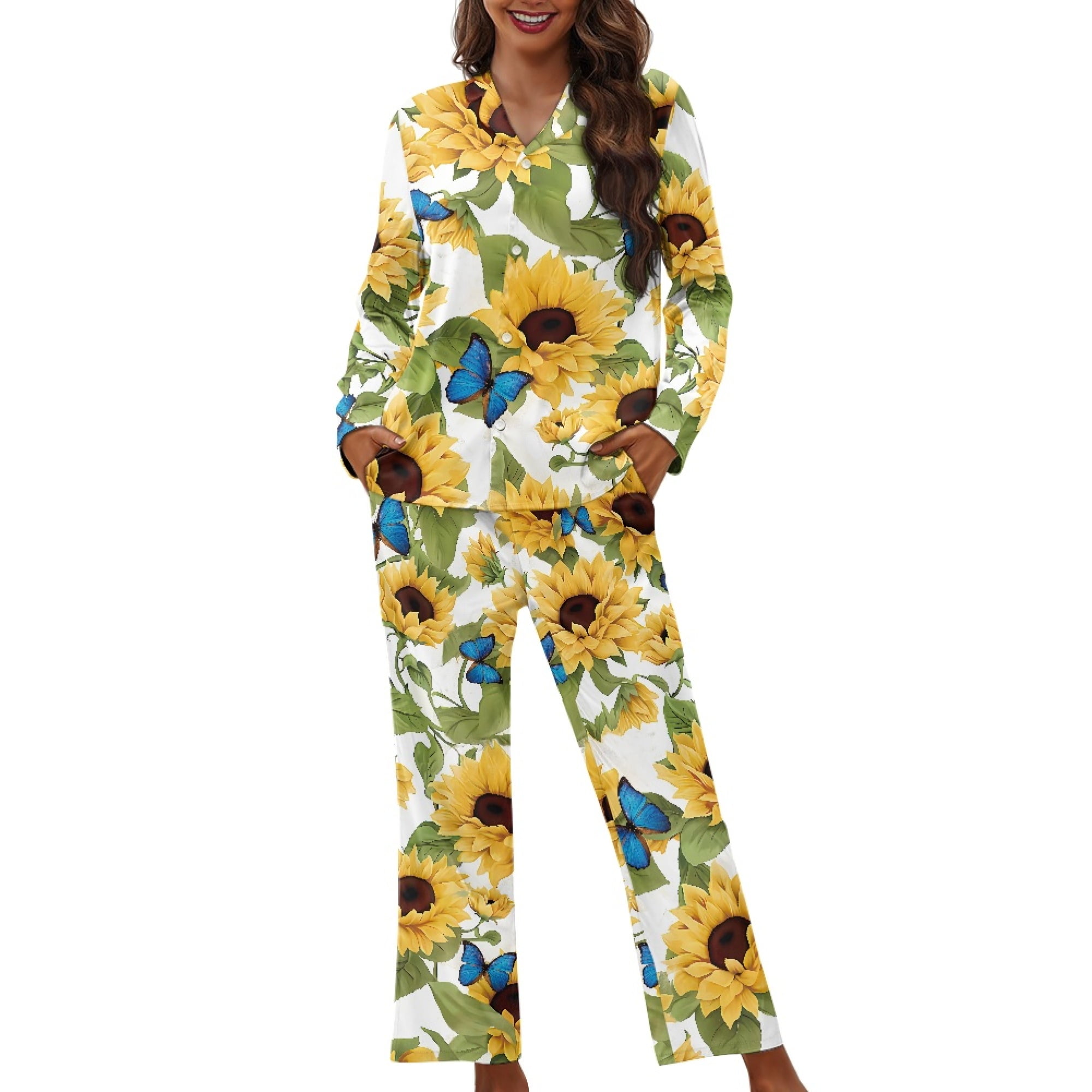 Button Pyjamas SEANATIVE Sunflower Butterfly Womens Button Up Pajamas Long Sleeve ...