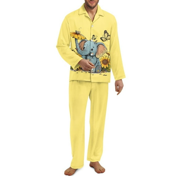 SEANATIVE Sunflower Button Pajamas for Men Size 4XL Butterfly Elephant Long Sleeve Sleepwear 2 Piece Daily Loungewear Plus Size Button Down Pajamas Nightwear with Pockets