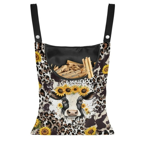 SEANATIVE Sunflower Cow Clothespin Bags Leopard Print Laundry Hanging Storage Organizer Soft Clothes Pin Hanging Bags Clothespin Holder for Clothesline Outdoor