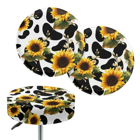 SEANATIVE Sunflower Cow Print Round Stool Covers Set of 2 Pack Stool Cushion Round Padded Size M Removable Bar Stool Seat Covers Decor Elastic Circle Stool Cover