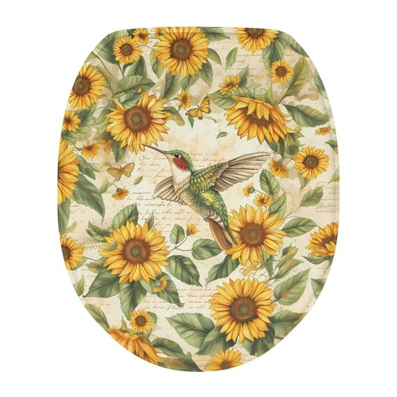 SEANATIVE Sunflowers Hummingbird Toilet Seat Lid Covers for Bathroom Oval Elongated Washable Toilet Lid Seat Protector Cover with Elastic Bottom Bathroom Decor