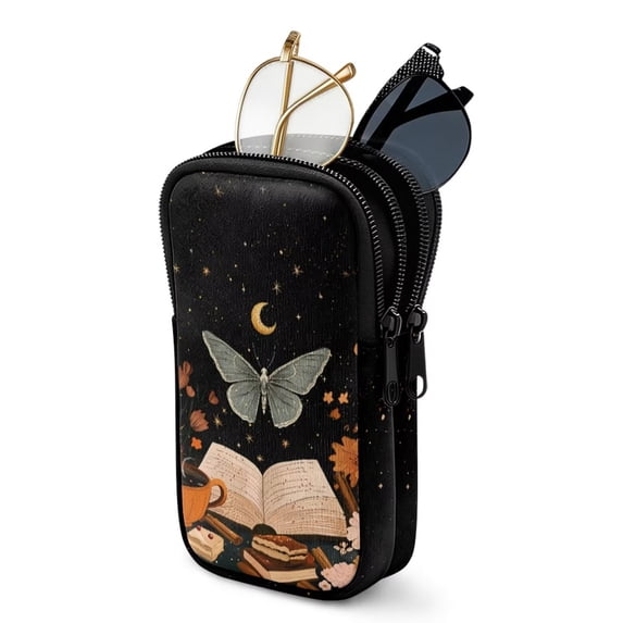 SEANATIVE Sunglasses Case Dual Compartment Eyeglasses Case Soft Lightweight Zipper Glasses Pouch Shockproof Portable Eyewear Bag Waterproof Glasses Organizer, Butterfly Moon Book Print Black
