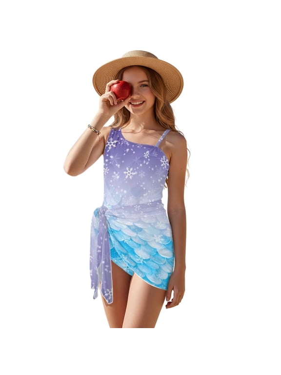 Swimsuits for Teen Girls One Piece Bathing Suit See Through Short Skirt Cover Ups Cut Out Back Beachwear for Surfing Water Park, Size 17-18, Snowflake Mermaid Scale Print Violet Blue