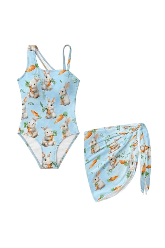 Swimsuits for Teen Girls One Piece Bathing Suit See-Through Coverups Cut Out Back Beachwear for Surfing Water Park, Size 11-12, Rabbit Carrot Print Blue