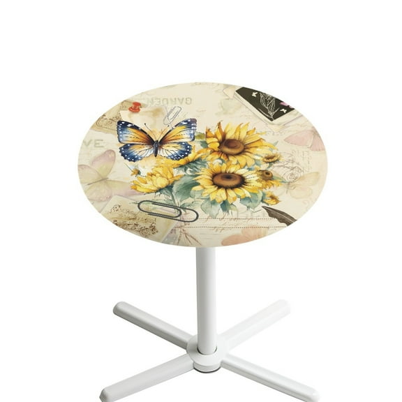 SEANATIVE Table Topper Cap Cover Decorative Cocktail Tablecloth Stretch Spandex Round Tale Top Covers Table Cloth with Elastic Edge 24 Inch, Butterfly Sunflower Postcard Print Retro