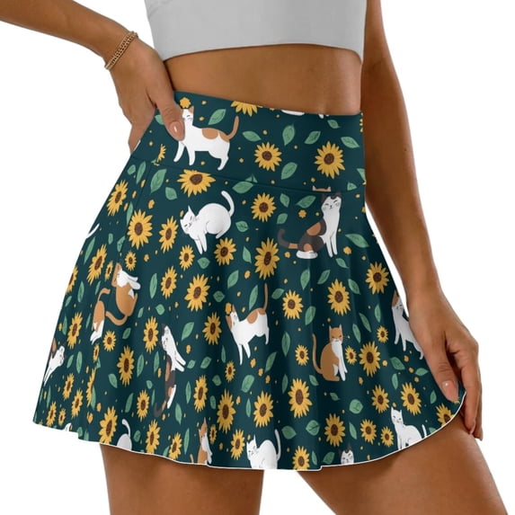 SEANATIVE Tennis Skirts for Women with 2 Inner Pockets Pleated Gym Workout Skort Built-in Shorts High Waisted Running Training Skort Activewear, S, Cat Sunflower Dark Green