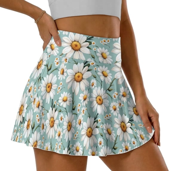 SEANATIVE Tennis Skirts for Women Workout Casual Skort with Built-in Shorts & 2 Pockets Breathable Stretchy Fabric Golf Pickleball Running Wear, M, Daisy Flower Print Green