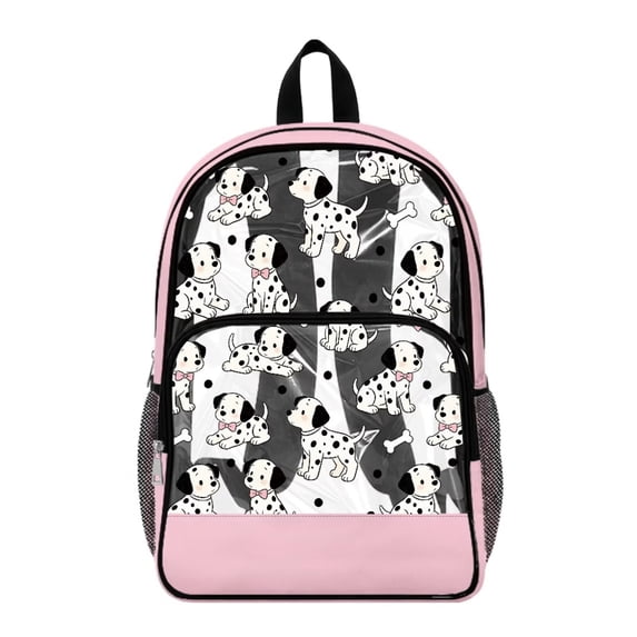 SEANATIVE Transparent Backpack for Boys Girls Kids Clear Bag School Bookbag PVC See Through Daypack School Accessories with Adjustable Shoulder Straps, Cute Dalmatian Dog Pattern Pink