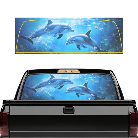 SEANATIVE Truck Back Window Decal Printed Automotive Decals One Way Vision Perforated Film Graphic See Through Pickup Sticker Compatible with Most Trucks, SUVs, Cars, Dolphin Fish Blue