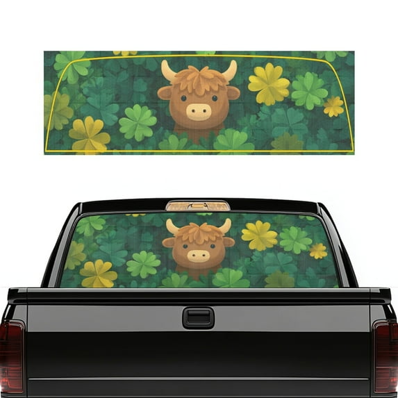 SEANATIVE Truck Rear Window Decal 66.9" x 22.4" Easy to Install Car Decor St. Patrick's Day Graphic Decal for Pickup Truck SUV Back Window, Cartoon Highland Cow Shamrock Green