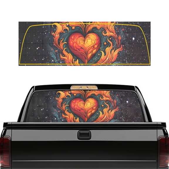 SEANATIVE Truck Rear Window Decal 66.9 x 22.4 Inches Perforated Vinyl Graphic, Decorative Decal for Pickup SUV Truck Back Window Valentine's Day Decor, Heart-shaped Flame Print