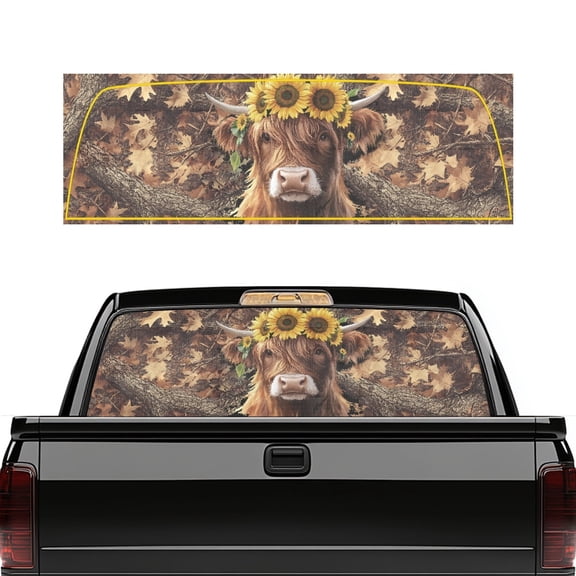 SEANATIVE Truck Rear Window Decal 66.9 x 22.4 Inches Perforated Vinyl Graphic Full Coverage Decorative Decal for Pickup SUV Truck Back Window, Highland Cow Camo Hunting Forest Sunflower