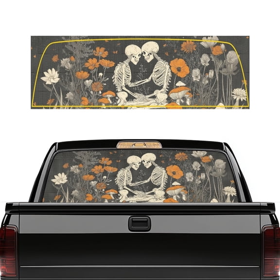 SEANATIVE Truck Rear Window Decal Removable Perforated One Way See Through Graphic Sticker for Pickup Back Window Valentine's Day Decor, 66.9 x 22.4 Inch, Skeleton Couple Floral