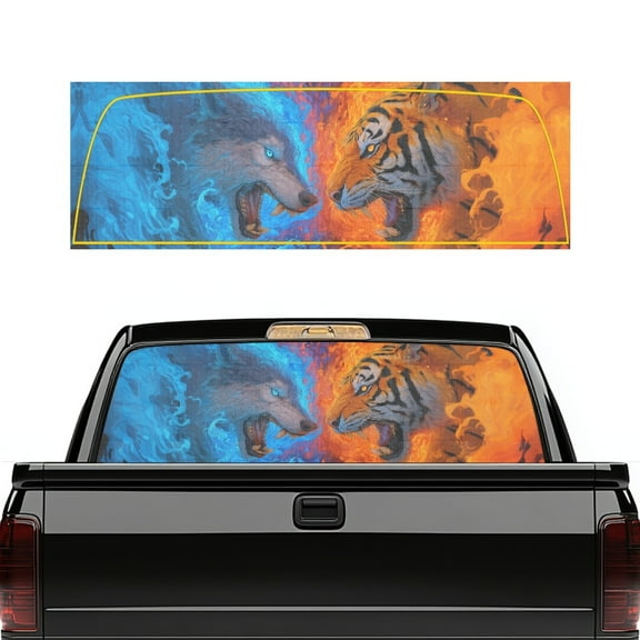SEANATIVE Truck Window Graphic Decal Waterproof Perforated Vinyl Stickers UV Protection Car Rear Film Decal for Pickups Trucks, 66.9 x 22.4 Inch, Wolf Tiger Fire Pattern Red Blue