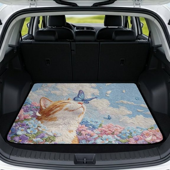 SEANATIVE Trunk Cargo Mat for Pets Dogs, Scratch-Proof Rear Trunk Protection Mat All Weather Heavy Duty Cargo Liner Anti-Slip Universal Car Trunk Protector, Cat Butterfly Floral Blue