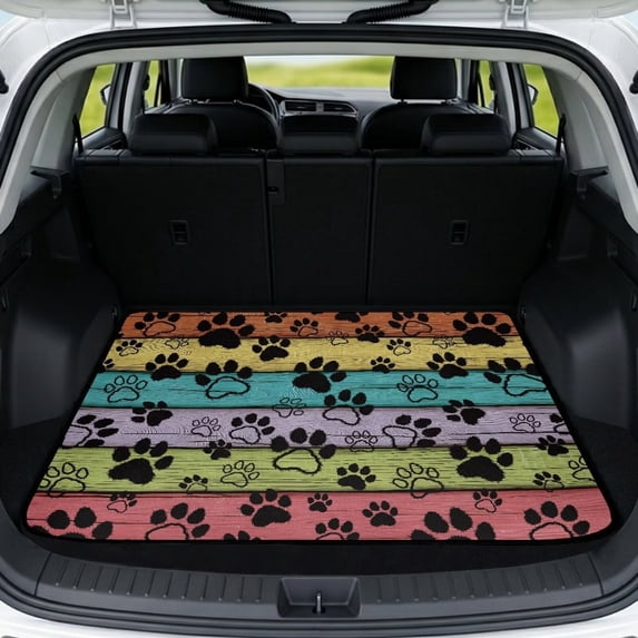SEANATIVE Trunk Cargo Mat for Pets Dogs, Scratch-Proof Rear Trunk Protection Mat All Weather Heavy Duty Cargo Liner Anti-Slip Universal Car Trunk Protector, Paw Wood Grain