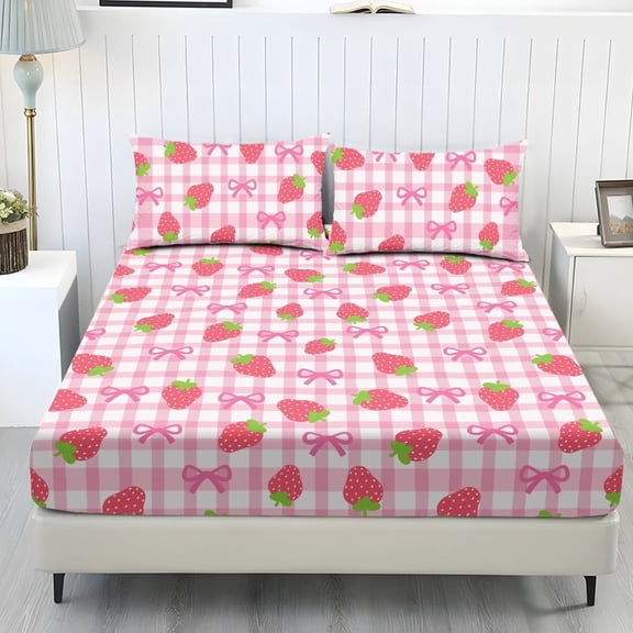 SEANATIVE Twin Sheets Set 3 Piece 1 Fitted Elastic Sheet and 2 Pillowcases Comfortable Bed Sheet Set Washable Mattress Protector for Valentine's Day Decor, Strawberry Bow Plaid Pink