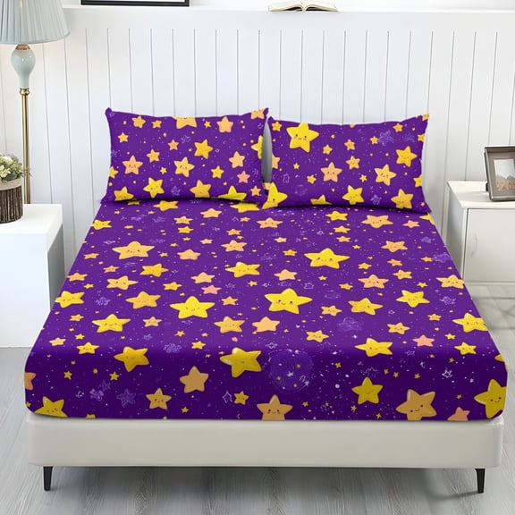 SEANATIVE Twin Sheets Set 3 Piece 1 Fitted Elastic Sheet and 2 Pillowcases Comfortable Bed Cover Set Machine Washable Mattress Protector, Star Violet