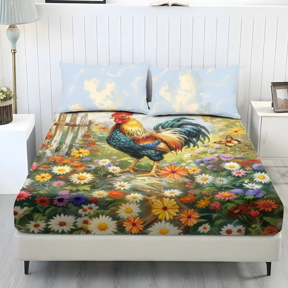 SEANATIVE Twin Size 3 Piece Bedding Set Soft 1 Fitted Sheet with 2 Pillow Cases Elastic Non-slip Sheet Set Shrink Resistant Stain-resistant Bed Covers, Chicken Rooster Daisy Butterfly
