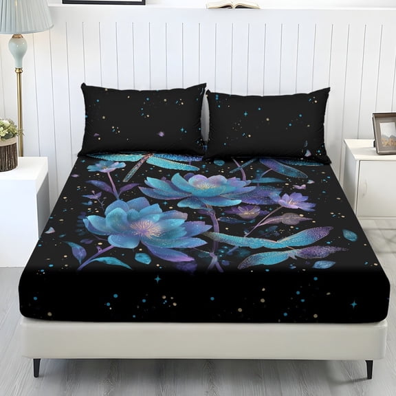 SEANATIVE Twin Size 3 Piece Bedding Set Soft Fitted Sheet Pillow Cases Stretchy Comfortable Bedding Set Machine Washable, Dragonfly Lotus Flower Blue Violet Black