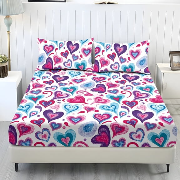 SEANATIVE Twin Size 3 Piece Bedding Set Soft Fitted Sheet Pillow Cases Stretchy Comfortable Bedding Set for Valentine's Day Decor, Abstract Heart Pattern Pink Blue