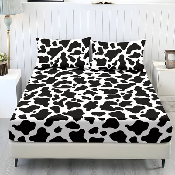 SEANATIVE Twin Size 3 Piece Sheet Set with 1 Fitted Sheet and 2 Pillowcases Soft Stretchy Polyester Spandex Bedding Set Comfortable Wrinkle Free Bed Covers, Cow Print