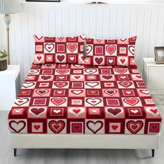 SEANATIVE Twin Size Sheets 3 Piece Set, 1 Fitted Mattress Cover and 2 Pillowcases Valentine's Day Holiday Indoor Dorm Room Decor, Pink Red Heart-shaped Patchwork Print