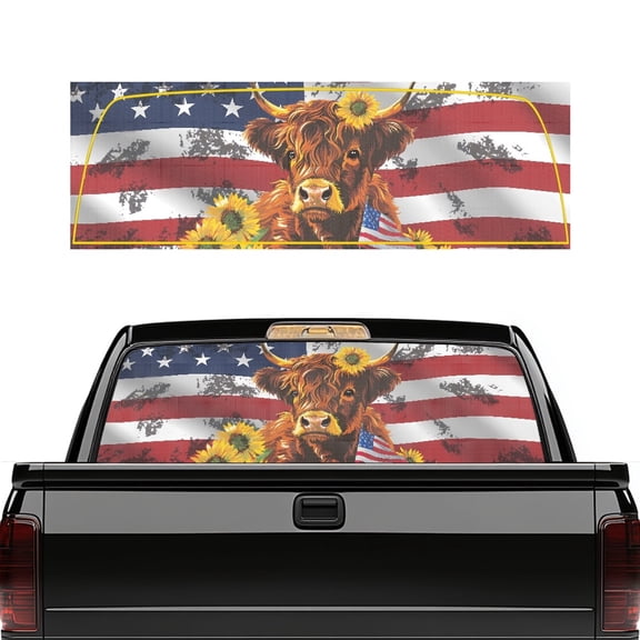 SEANATIVE USA Car Decal for Trucks,Decorative UV Resistant Car Back Window Graphic Perforated Vinyl Film Scratch-resistant Pickup Rear Window Sticker, American Flag Highland Cow Sunflower