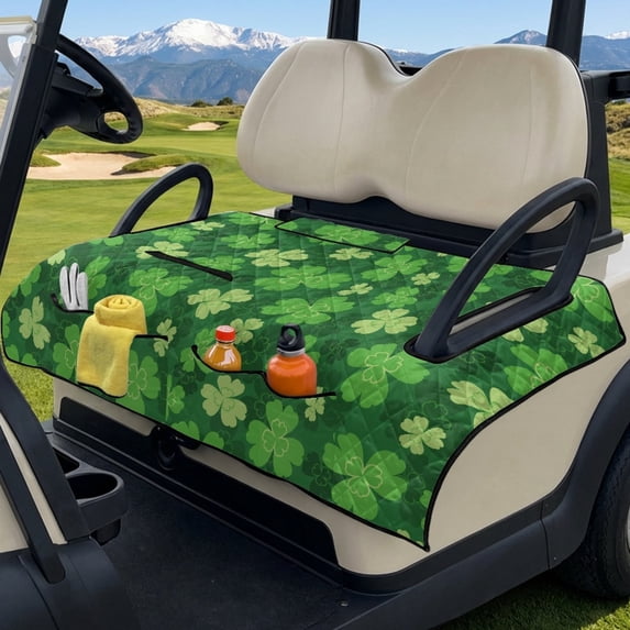 SEANATIVE Universal Golf Cart Seat Covers Towel Blanket, Portable Club Car Accessories with 4 Pockets, Compatible with 2-Person Golf Carts, St. Patrick's Day Decor, Green Shamrock Clover Leaf