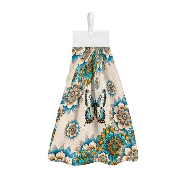 SEANATIVE Vintage Flowers Hanging Hand Towels for Bathroom Decorative Set of 3 Boho Hand Towel with Button Loop Butterfly Hanging Tie Towel for Washroom Laundry Room Decor