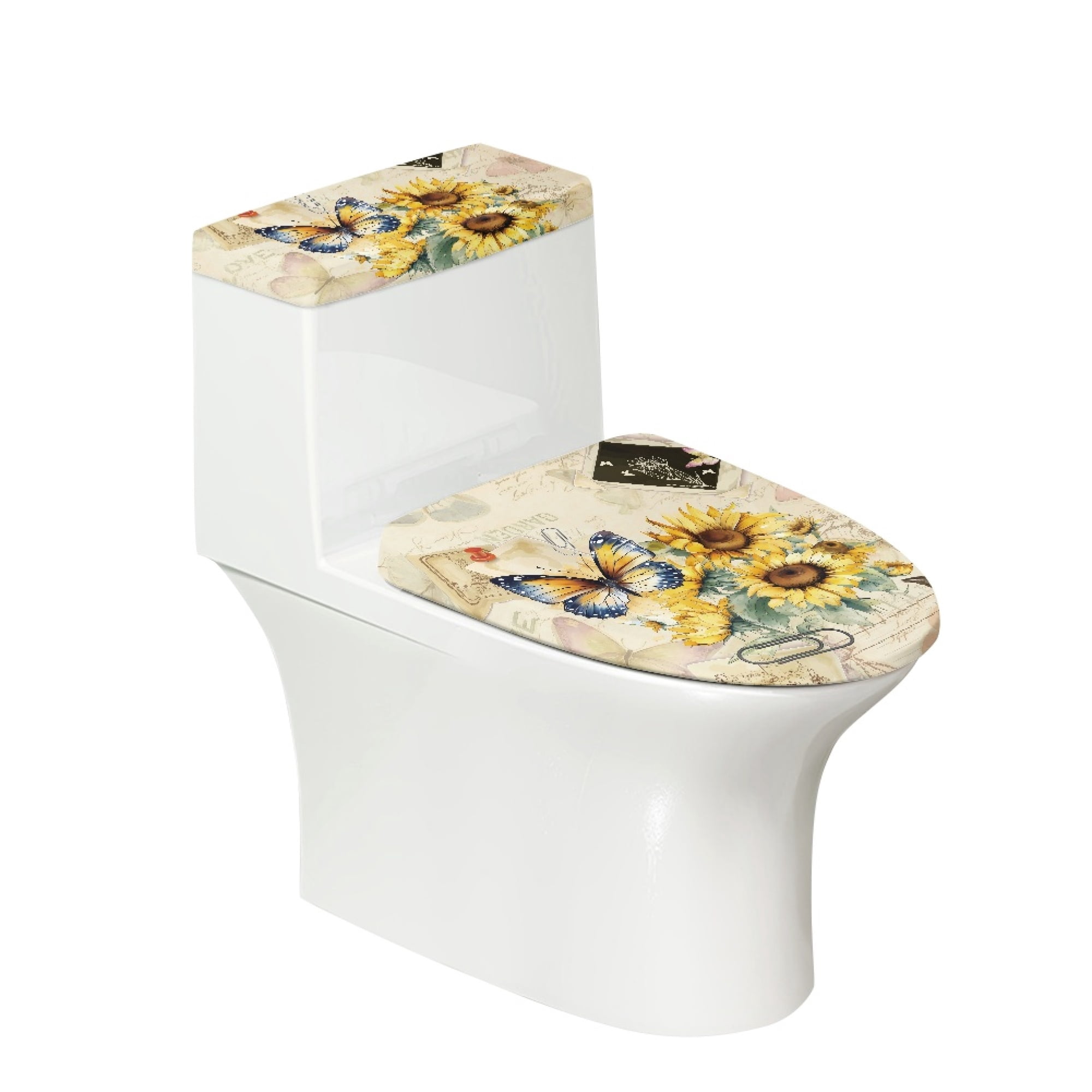 SEANATIVE Vintage Sunflower Toilet Seat and Tank Lid Covers Dust Splash Resistant Bathroom Covers Universal Fit Standard Oblong Elongated Toilet for Home 2 Pcs Butterfly Toilet Lid & Tank Covers
