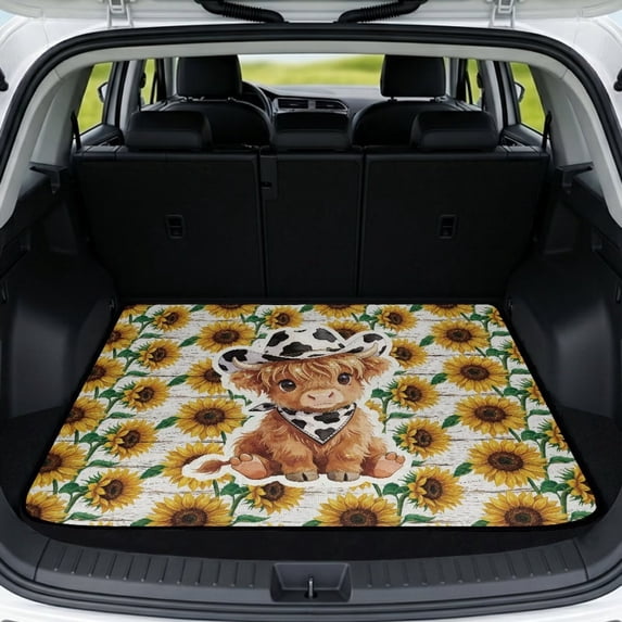 SEANATIVE Washable Car Trunk Liner All Weather Protective Cargo Mat Universal Fit Non Slip Backing Heavy Duty Cargo Protector Wear-Resistant Auto Trunk Liner, Cute Highland Cow Sunflower