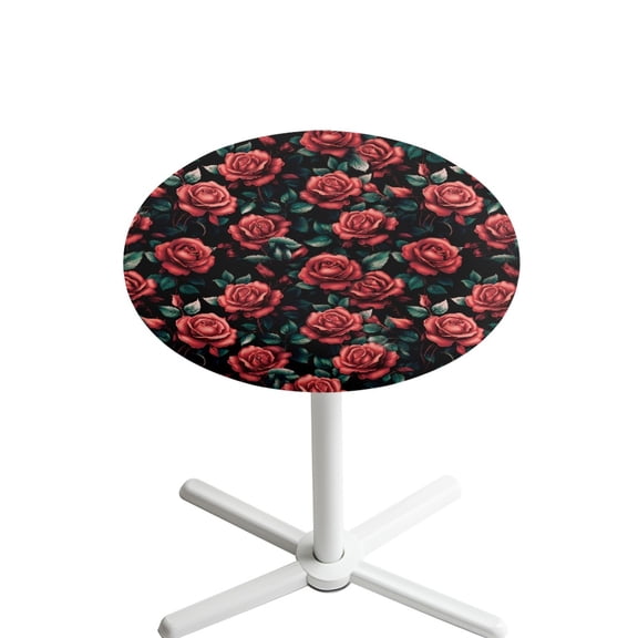 SEANATIVE Washable Round Cocktail Tablecloths with Elastic Edges Stylish Table Covers Washable Table Topper Cap for Round Cocktail Tables for Banquets Bars 24 Inch, Red Rose Print