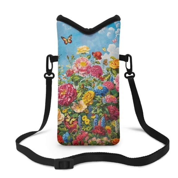 SEANATIVE Waterproof Cell Phone Pouch Neoprene Mobile Protection Case Bag Small Shoulder Bag with Crossbody Strap Compatible with Most Smartphones, 8 x 4 inch, Peony Rose Flower Cloud Blue Sky