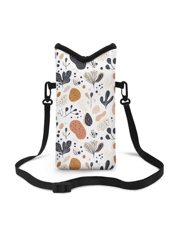 Waterproof Crossbody Bag Phone Bag Women Men Cell Phone Purse Shoulder Bag Mini Wallet Shoulder Bag Small Satchel with Adjustable Strap, Abstract Boho Geometric Art Leaves White